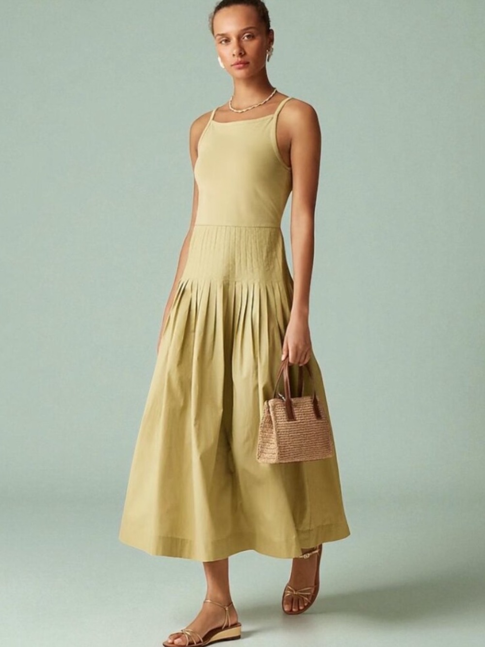 J. Crew Women's Pintuck Mixy Dress in Belmont Khaki Maxi Green Medium $148